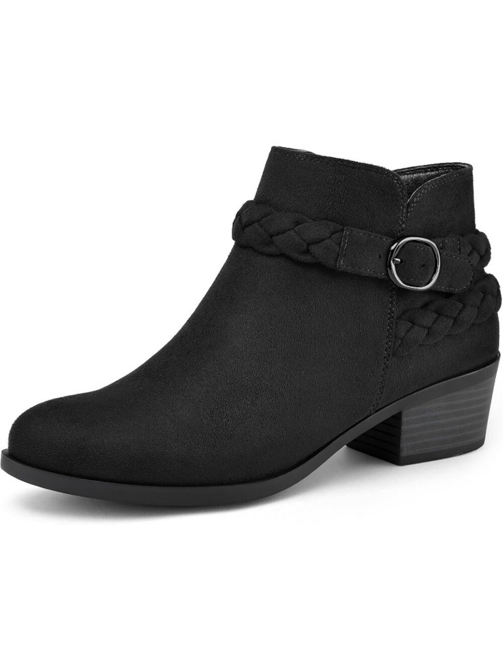 Women's Black Suede Chunky Heel Round Toe Wide Width Side Zipper Ankle Boot